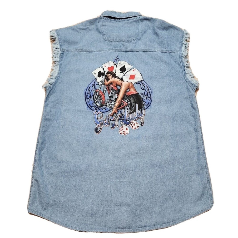 Blue Motorcycle cut off button Up shirt Mens Size Med. Regent & Co. See Photos